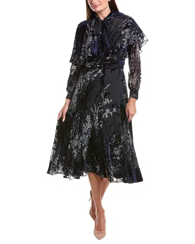 Teri Jon By Rickie Freeman Floral Velvet Dress Tie-neck Cape Dress In Black