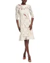 Teri Jon By Rickie Freeman Flower Applique Embroidered Midi Dress In Neutral