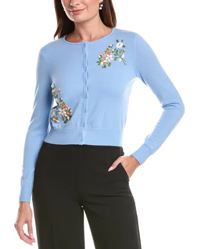 Teri Jon By Rickie Freeman Flower Embroidered Wool & Cashmere-blend Cardigan In Blue