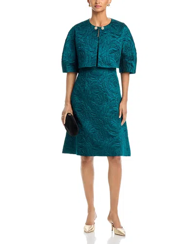 Teri Jon By Rickie Freeman Jacquard Embossed Bolero With Rhinestone Buttons In Blue