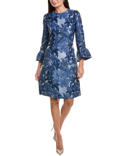 Teri Jon By Rickie Freeman Jacquard Floral 3/4-sleeve Flounce Cuff Sheath  Dress In Blue