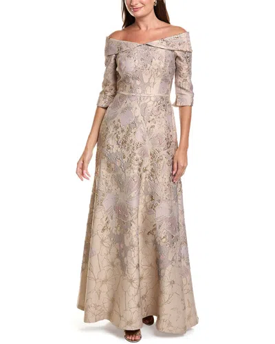 Teri Jon By Rickie Freeman Jacquard Floral Off-shoulder 3/4-sleeve Gown In Multi
