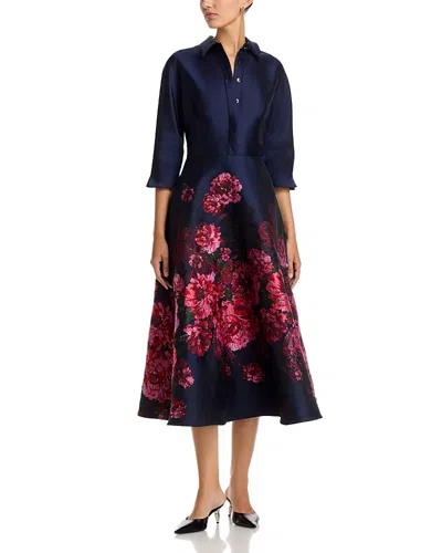 Teri Jon By Rickie Freeman Jacquard Floral Shirt Waist Dress In Blue