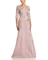 Teri Jon By Rickie Freeman Jacquard Folded Off-the-shoulder Elbow Sleeve Gown In Pink