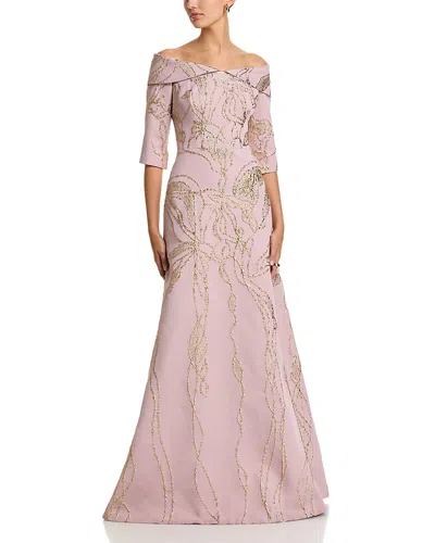 Teri Jon By Rickie Freeman Jacquard Folded Off-the-shoulder Elbow Sleeve Gown In Pink