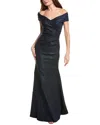 Teri Jon By Rickie Freeman Satin Stretch Off The Shoulder Gown In Blue
