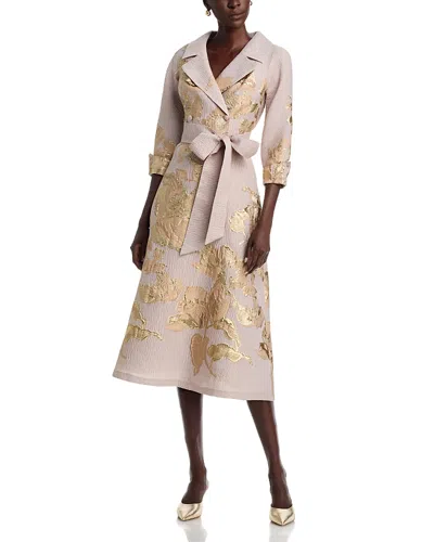 Teri Jon By Rickie Freeman Jacquard Notch Collar Tie Waist Shirt Dress In Purple