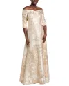 Teri Jon By Rickie Freeman Jacquard Off-shoulder Gown In Neutral
