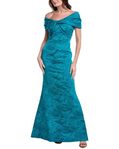 Teri Jon By Rickie Freeman Jacquard Off Shoulder Twist Bodice Gown In Blue