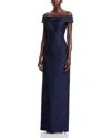 Teri Jon By Rickie Freeman Jacquard Off-the-shoulder Gown In Navy
