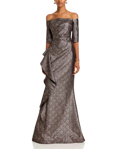 Teri Jon By Rickie Freeman Jacquard Off The Shoulder Gown In Rose Gold Navy