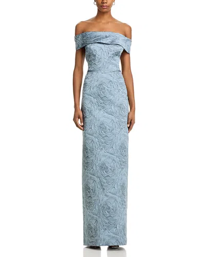Teri Jon By Rickie Freeman Jacquard Off-the-shoulder Gown In Slate