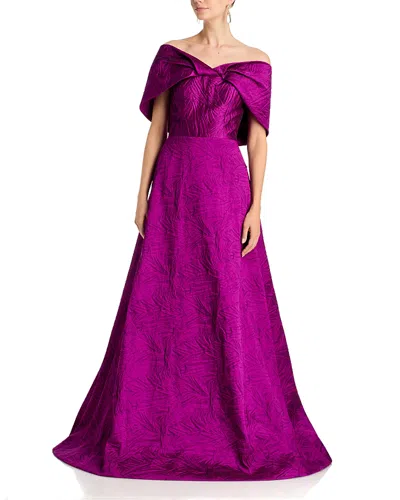 Teri Jon By Rickie Freeman Jacquard Off-the-shoulder Bow Gown In Purple