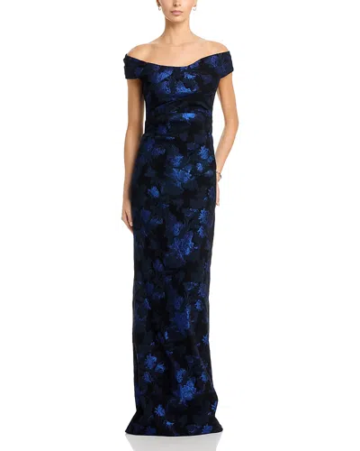Teri Jon By Rickie Freeman Jacquard Off-the-shoulder Column Gown In Blue