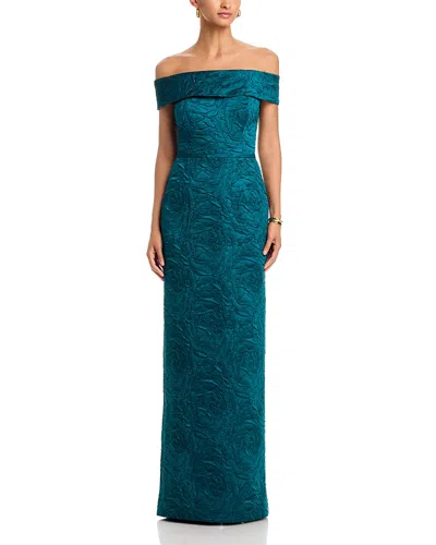 Teri Jon By Rickie Freeman Jacquard Off-the-shoulder Gown In Green