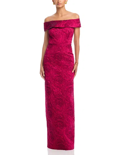 Teri Jon By Rickie Freeman Jacquard Off-the-shoulder Gown In Red