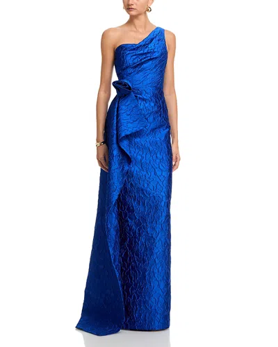 Teri Jon By Rickie Freeman Jacquard One Shoulder Gown In Blue