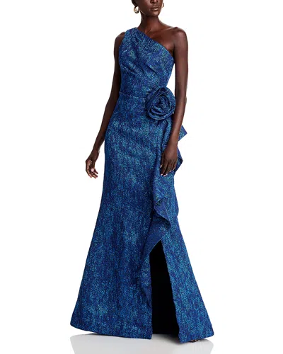 Teri Jon By Rickie Freeman Jacquard One Shoulder Gown In Royal Multi