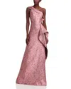 Teri Jon By Rickie Freeman Jacquard One Shoulder Ruffle Gown In Red Multi