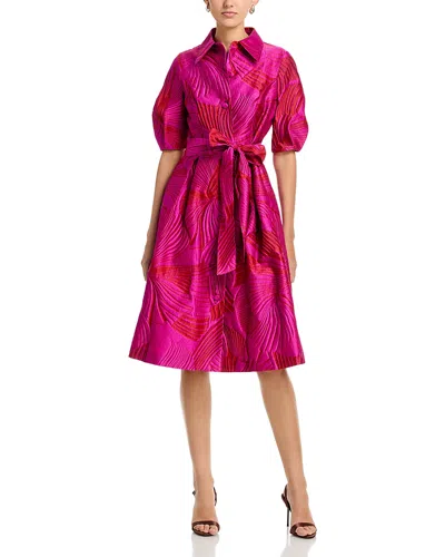 Teri Jon By Rickie Freeman Jacquard Puff Sleeve Shirt Dress In Red