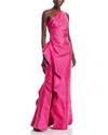 Teri Jon By Rickie Freeman Jacquard Side Ruffled Gown In Hot Pink