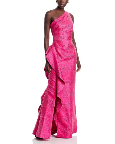Teri Jon By Rickie Freeman Jacquard Side Ruffled Gown In Hot Pink