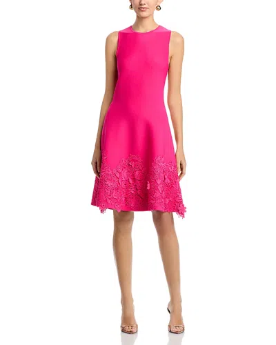 Teri Jon By Rickie Freeman Knit Fit-and-flare Lace Trim Dress In Pink