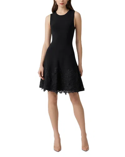 Teri Jon By Rickie Freeman Knit Fit-and-flare Lace Trim Dress In Black