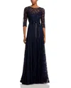 Teri Jon Lace Pintuck Gown In Navy