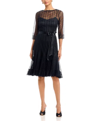 Teri Jon By Rickie Freeman Lace Pintuck Ruffle Hem Dress In Blue