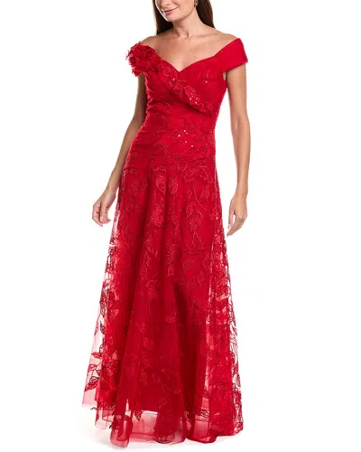 Teri Jon By Rickie Freeman Lace Sweetheart Bodice Off-shoulder Gown In Red