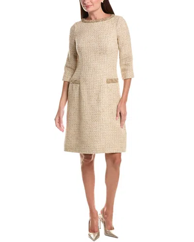 Teri Jon By Rickie Freeman Metallic Boucle Elbow Sleeve Jewel Trim Dress In Neutral