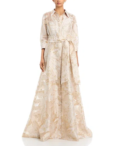 Teri Jon By Rickie Freeman Metallic Burnout Jacquard Shirt Waist Gown In Neutral