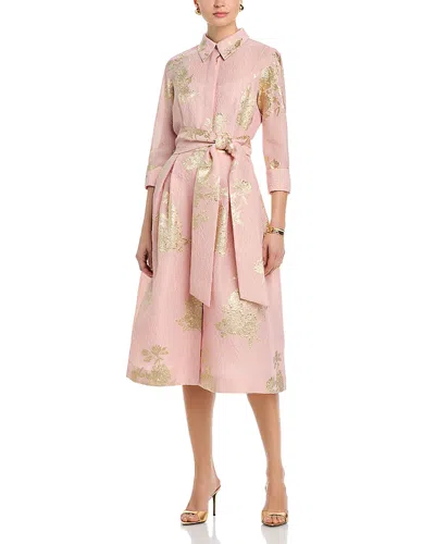 Teri Jon By Rickie Freeman Metallic Floral Jacquard Shirt Dress In Pink