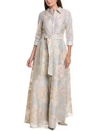 Teri Jon By Rickie Freeman Metallic Floral Jacquard Shirt Gown In Gray