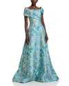Teri Jon By Rickie Freeman Metallic Jacquard Asymmetrical Gown In Aqua Multi