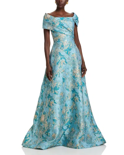 Teri Jon By Rickie Freeman Metallic Jacquard Asymmetrical Gown In Aqua Multi