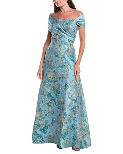 Teri Jon By Rickie Freeman Metallic Jacquard Asymmetrical Off-shoulder Full  Dress In Blue