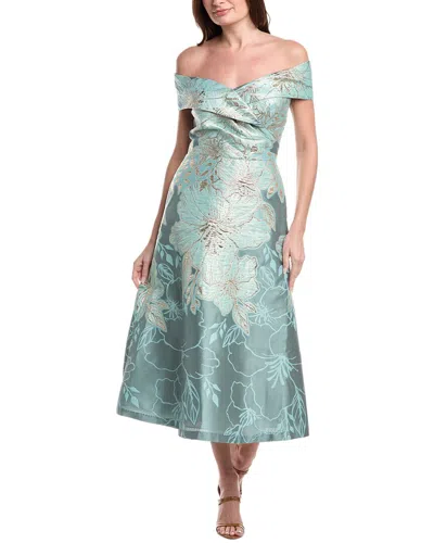 Teri Jon By Rickie Freeman Metallic Jacquard Floral Off Shoulder A-line Dress In Green