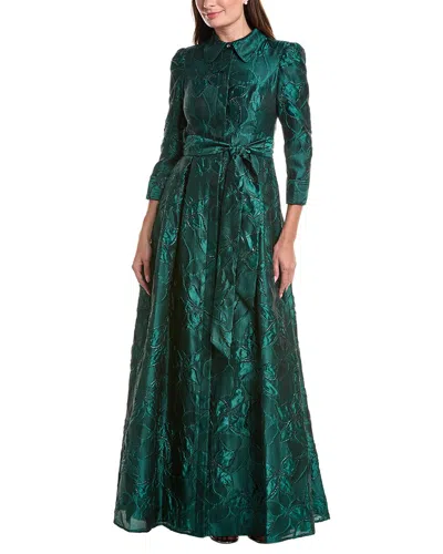 Teri Jon By Rickie Freeman Metallic Jacquard Floral Shirt Gown In Green