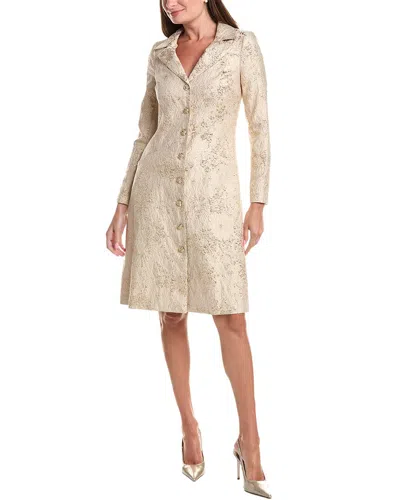 Teri Jon By Rickie Freeman Metallic Jacquard Gold Button Coat Dress In Neutral