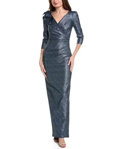Teri Jon By Rickie Freeman Metallic Jacquard Gown In Blue