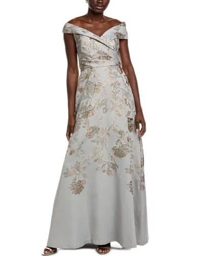 Teri Jon By Rickie Freeman Metallic Jacquard Gown In Grey
