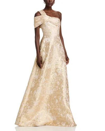Teri Jon By Rickie Freeman Metallic Jacquard Gown In Ivory/gold