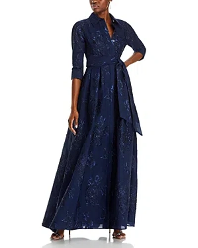 Teri Jon By Rickie Freeman Metallic Jacquard Gown In Navy