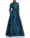 Teri Jon By Rickie Freeman Metallic Jacquard Gown In Navy/teal
