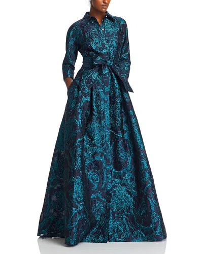 Teri Jon By Rickie Freeman Metallic Jacquard Gown In Navy/teal