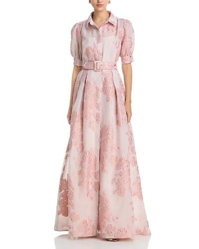 Teri Jon By Rickie Freeman Metallic Jacquard Gown In Pink
