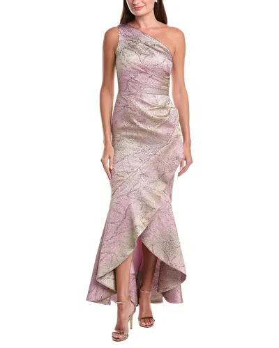 Teri Jon By Rickie Freeman Metallic Jacquard Leaf Pattern High-low Dress In Multi
