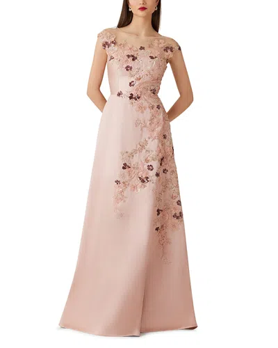 Teri Jon By Rickie Freeman Metallic Jacquard Mesh Yoke Bead Lace Applique Gown In Pink